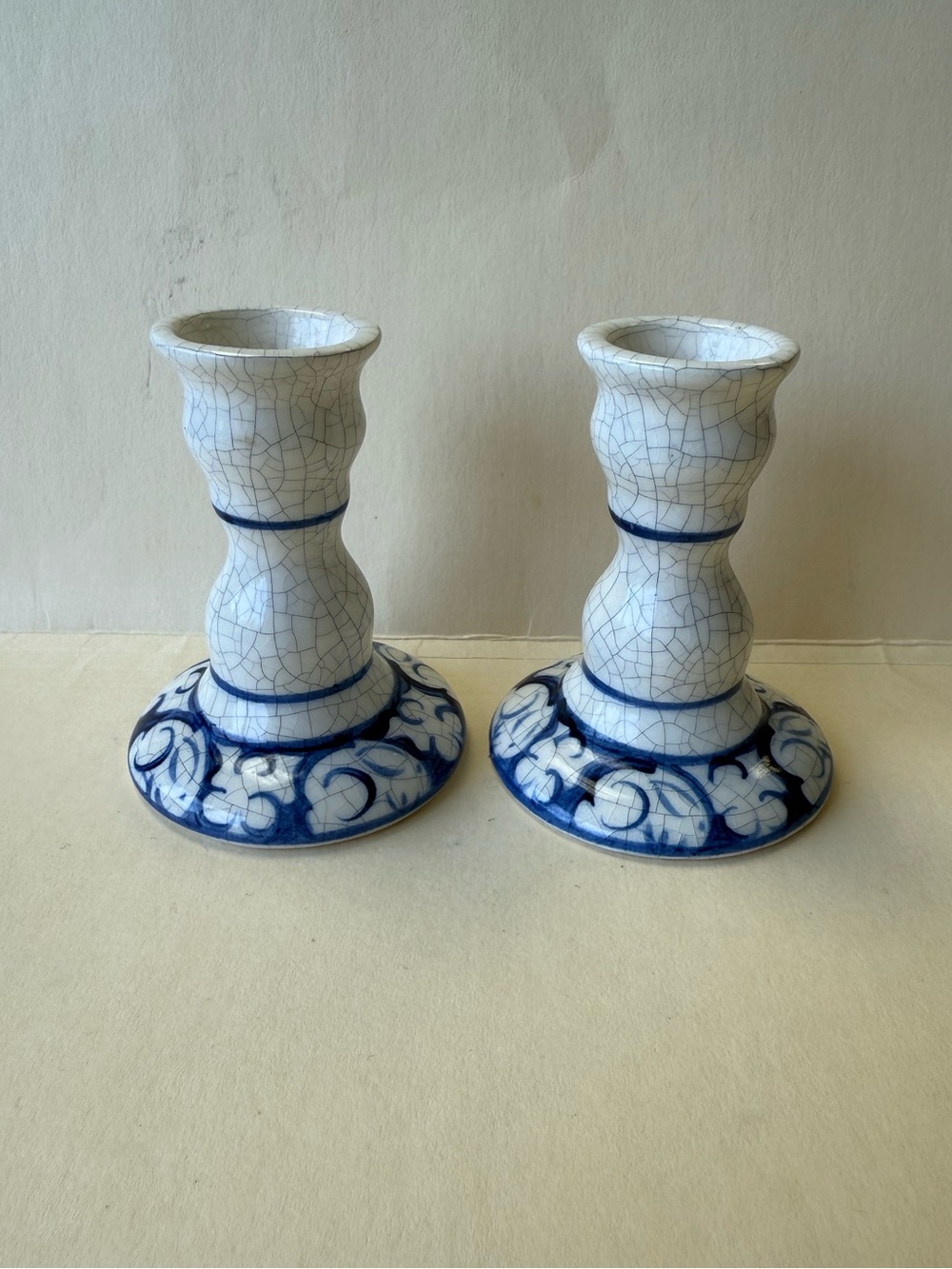 Vintage Pair Small Potting Shed Dedham Pottery Candle Stick Holders Blue Bunnies
